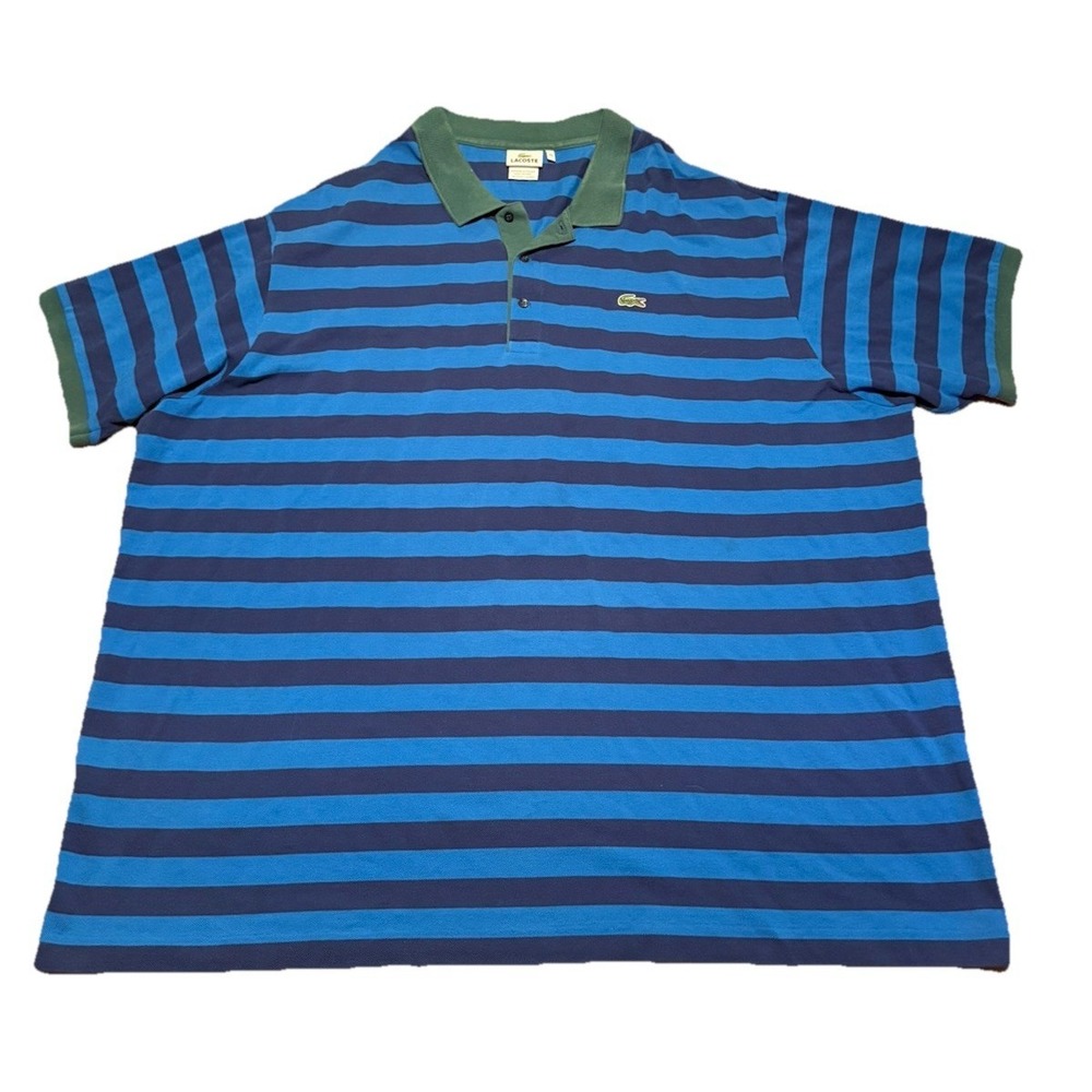 Lacoste Men's 11L 4XL Blue Striped Polo Shirt Big Long Logo‎ Excellent Condition